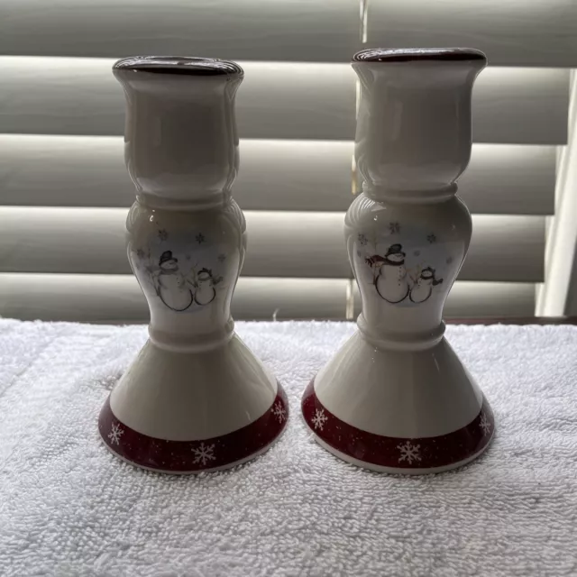 Royal Seasons~Stoneware~Snowmen Candlestick Holders~White/Red Snowflake Trim