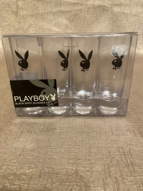 Set of 4 - Vintage Playboy Bunny Tall Shot Glasses with Black Logo Hologram