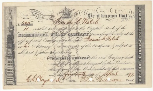 1897 Commercial Wharf Company Stock Certificate Boston, Massachusetts