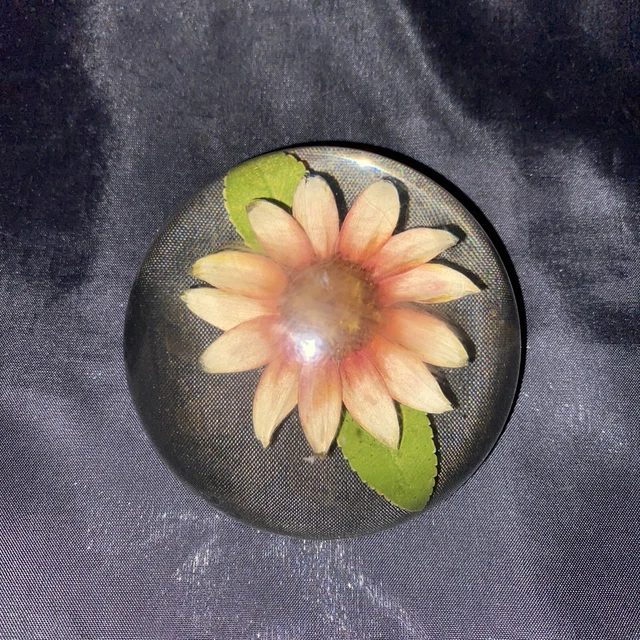 Vintage Lucite Paperweight Decorative Flower And Leaf Inside Flat Bottom Floral