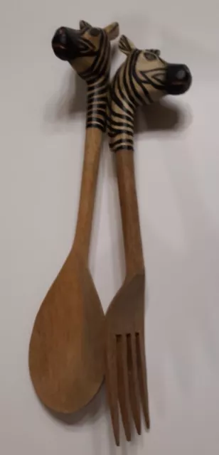 VIN Wooden Carved Salad Fork&Spoon Zebra hand painted