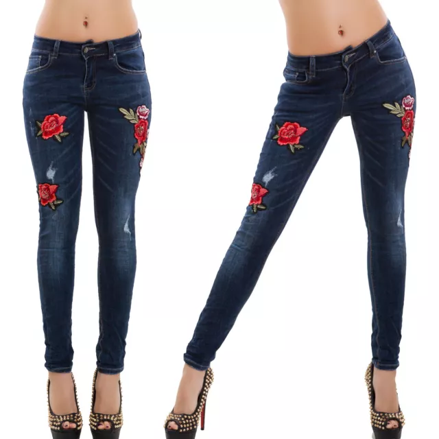 Jeans donna pantaloni skinny denim slim fit zip fiori aderenti nuovi E1303-3A