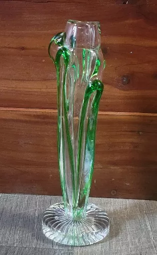 VTG Vaseline Uranium Glass Swung Fluted Bud Flower Vase Glass Ruffled. 15 In.