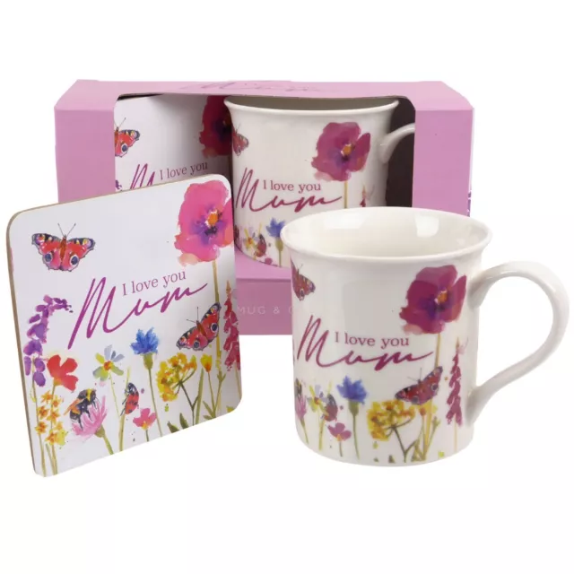 Jennifer Rose "I Love You Mum" China Mug & Coaster Gift Set Pretty Floral Mot