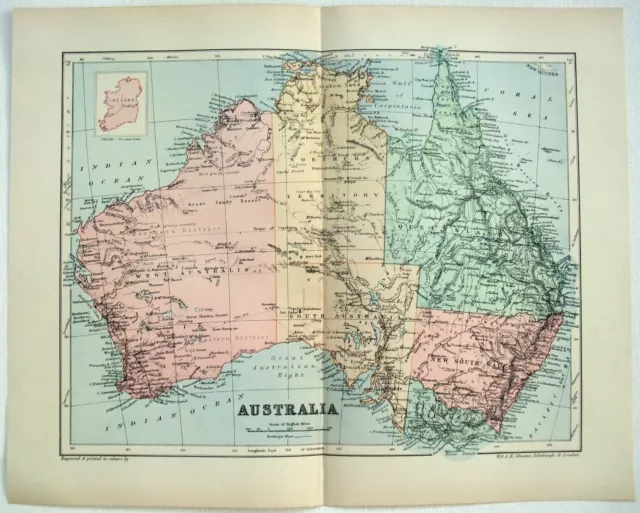 Australia - Original 1895 Map by W A. K. Johnston. Antique