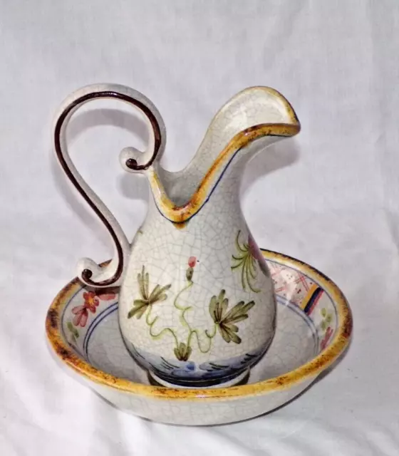 Decorative Jug Bowl Mediterranean Crackle Glaze Pottery Ornamental Hand Painted