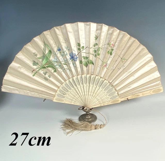 Antique French Hand Painted Silk 27cm Fan, Carved Bone Guard and Sticks, Tassel