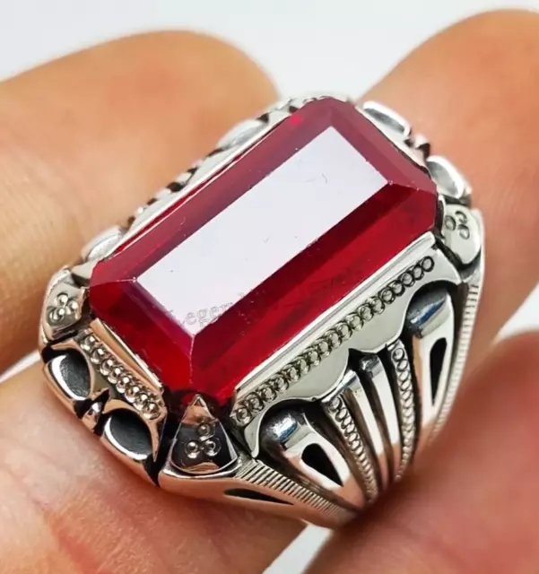 Natural Ruby Gemstone Ring For Men's With 925 Sterling Silver Emerald Cut Ring