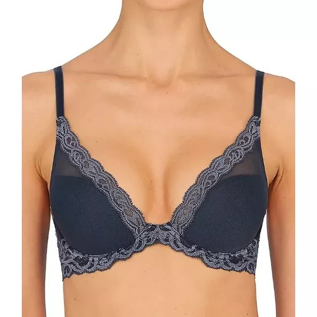 Natori NWOT Ash Navy Pearl Feathers Contour Plunge Bra Size 30C 2