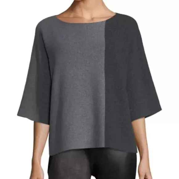 Eileen Fisher Oversized Cashmere Colorblock Top Sweater Gray Black S Small EUC!