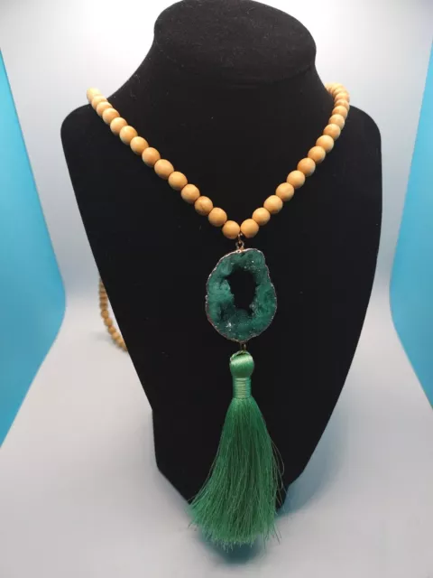 Vintage Druzy Geode Stone Necklace Teal With Wood Beads Tassel Pendant Necklace