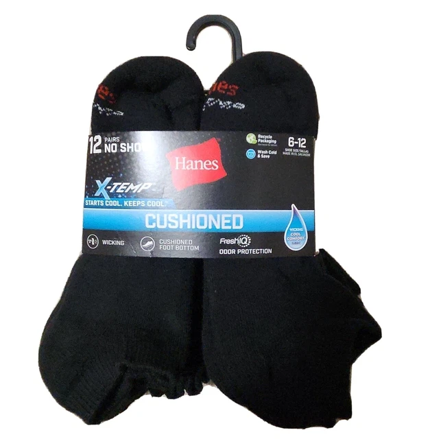 Hanes FreshIQ X-Temp Active Cool No-Show Men's Socks - Black (Pack of 12)
