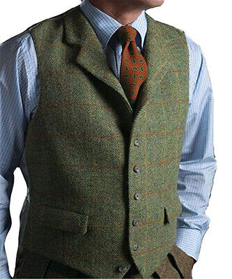 Mens Tweed Waistcoat Green Notch Lapel Plaid Vintage Wool Vest Herringbone S-3XL