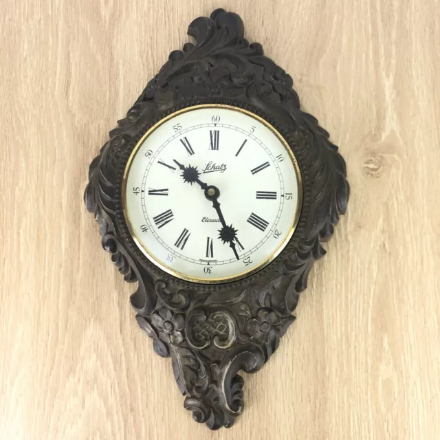 Vintage Schatz Elexacta Brown Wall Clock Wood Floral Carved Large NOT WORKING