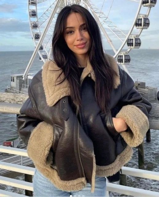 VESTE AVIATEUR CROP En Fourrure Synthétique Marron À Double Face