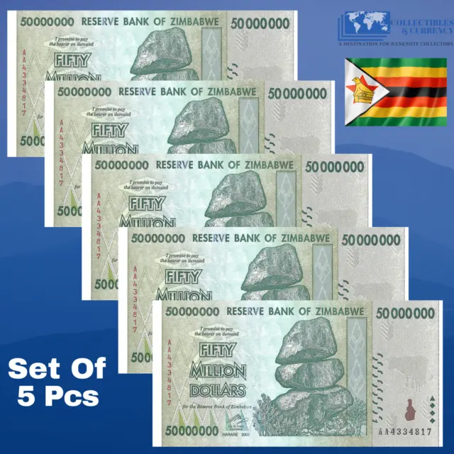 5 x 50 Million ZIMBABWE DOLLAR 2008, USED CONDITION, FAST SHIP [TRILLION 50 100