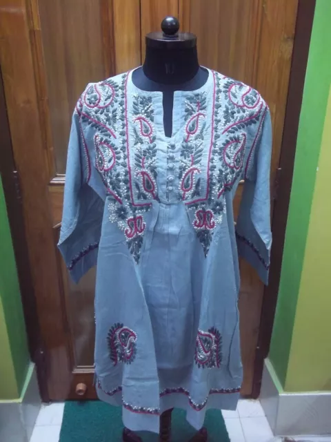 100% Cotton Ethnic S 39" M 40" Top Handmade Chikan Embroidery Tunic Kurta Kurti