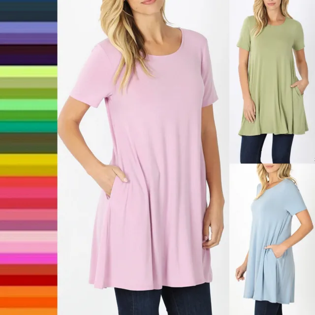 Women's Round Neck Short Sleeve Flared Hem Side Pockets Soft Rayon Tunic Top