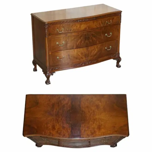 Antique Serpentine Fronted Claw & Ball Feet Flamed Mahogany Chest Of Drawers