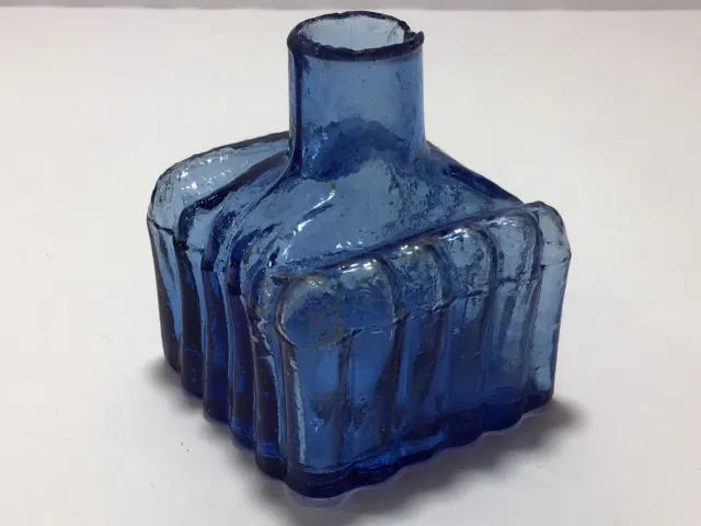 Nice MID BLUE Ribbed BUBBLY Victorian Old Ink Bottle J13