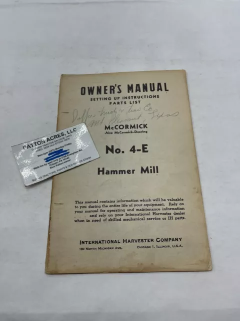 Owners Manual for International Harvester No. 4-E Hammer Mill
