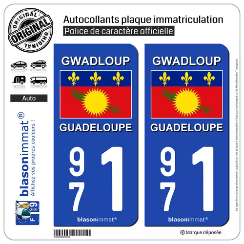 2 Stickers plaque d'immatriculation auto | 971 Guadeloupe - Drapeau