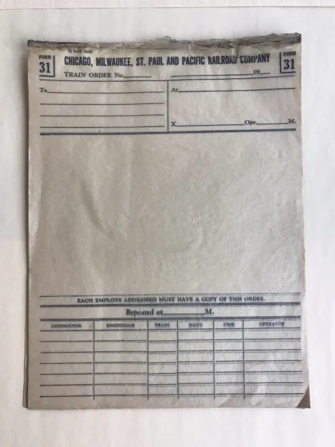 Chicago, Milwaukee, St. Paul and Pacific Railroad Blank Train Orders(11) Form 31