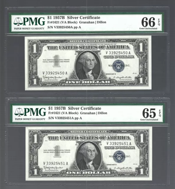 US Silver Certificate 1957B ✨ $1 x 2 RUNNING S/N ✨ PMG 65 & 66 EPQ GEM UNC!