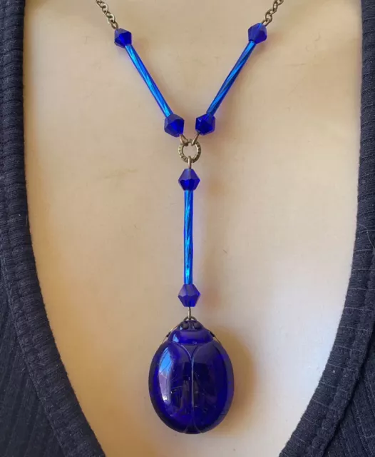Vintage Scarab Necklace Egyptian Revival Pendant Antique Czech Cobalt Blue Glass