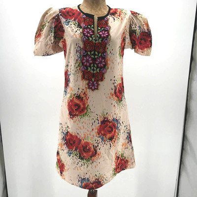 KAS New York Women Dress Sz S Boho Floral Print Embroidered Notch V Neck Pocket