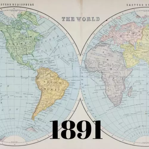 1891 World Map Globe Western Eastern Hemispheres Map Antique Color Victorian Era