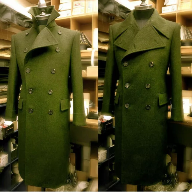 New Men's Military Green Wool & Cashmere Great Double Breasted Coat Long coat