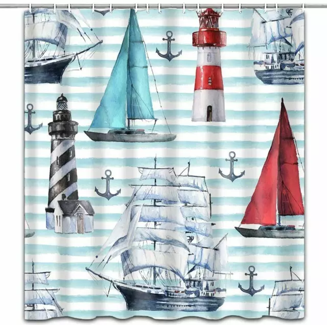 Nautical Lighthouse Sailboat Anchor Shower Curtain Bathroom Decor with 12 Hooks