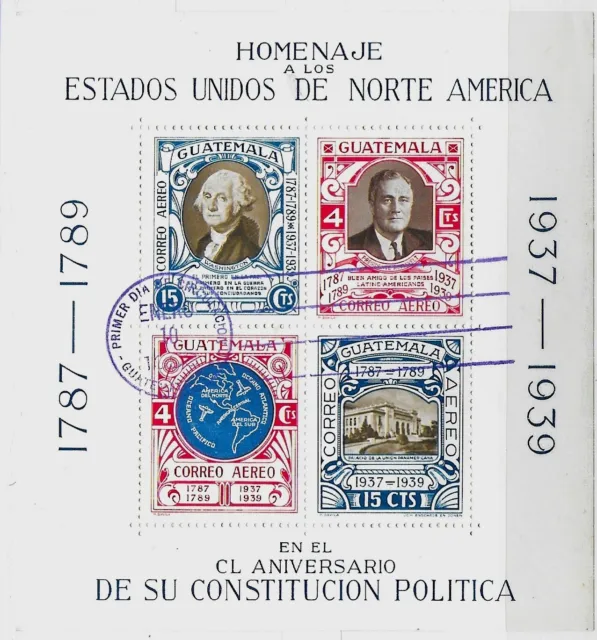 Guatemala 1938 Mini-Sheet - 150th Anniversary of US Constitution - FDI/CTO