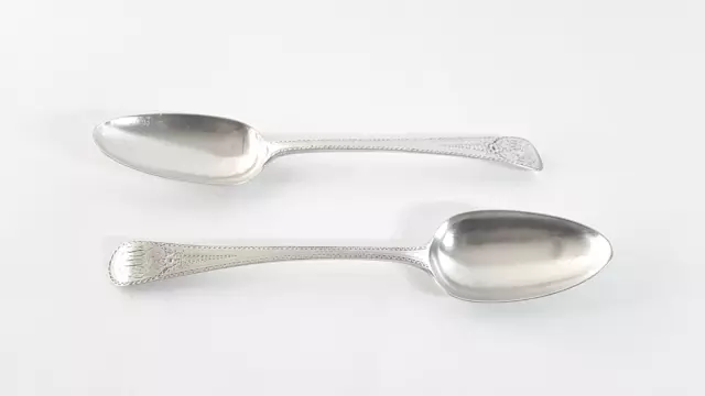 Good Pr Georgian Sterling Silver Bright Cut Décor Soup/Table Spoons 1785 120g