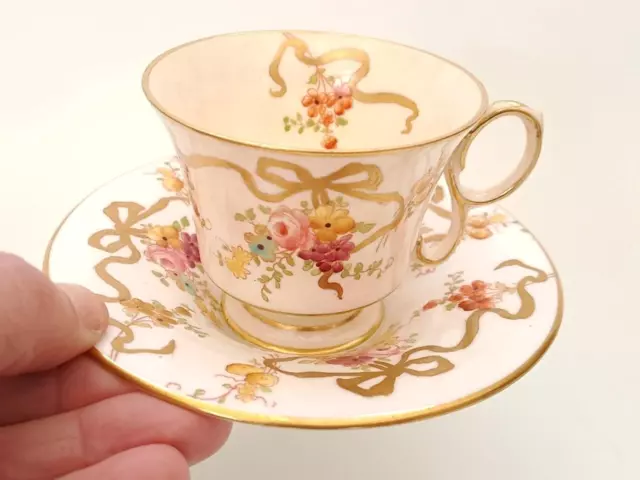 Crown Staffordshire Swags & Bows Cup & Saucer, Gold Bow, Ribbon With Roses