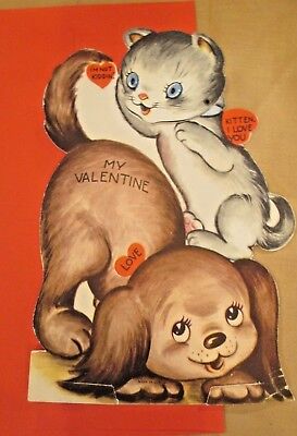 VINTAGE 1930's LARGE VALENTINE CARD MOVABLE KITTY CAT & PUPPY DOG STAND UP USED