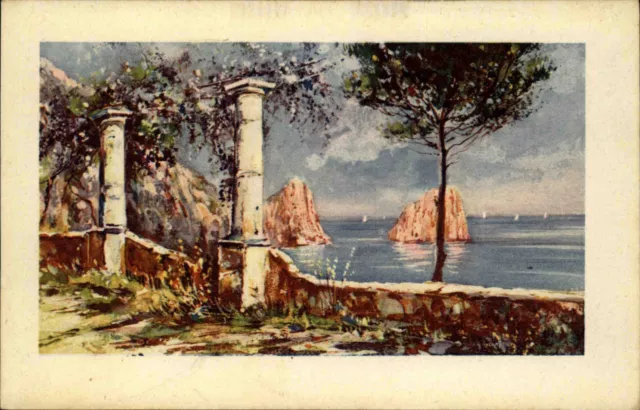 Insel Capri alte Colorkarte ~1920/30 Il Faraglioni Blick auf das Meer Segelboote