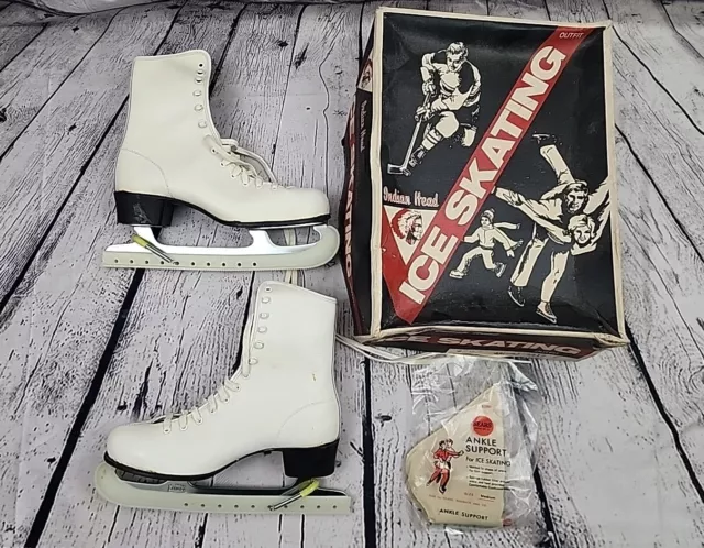 Vintage Indian Head Women's White Leather Figure Ice Skates Size 7 in Orig Box