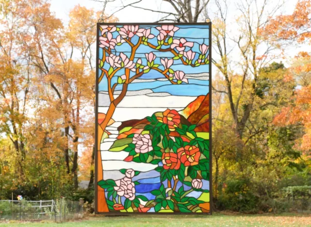 20.5" x 34.25" Handcrafted stained glass Jeweled window panel Cherry Blossom