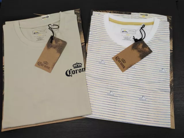 2 X Corona Beer T-Shirts Size M. 1 X Striped Paradise Wave 1 X Good Vibes Design