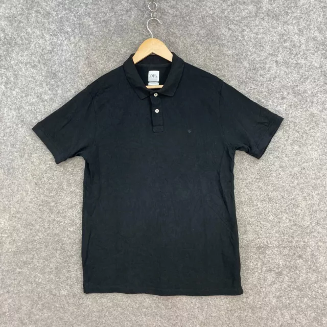 Zara Shirt Mens M Medium Black Short Sleeve Collared Cotton Polo J10728