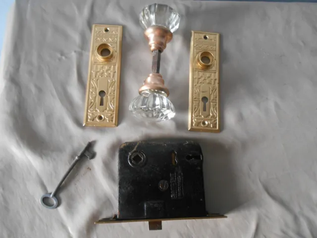 Antique Victorian  Crystal Door Knobs Lock Set/Skeleton Key/Back Plates Works 2