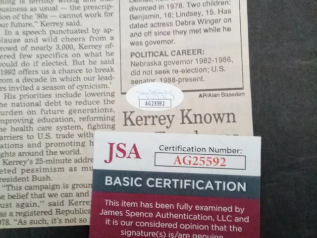 Bob Kerry Signed Newspaper Article JSA "President Candidate" 3