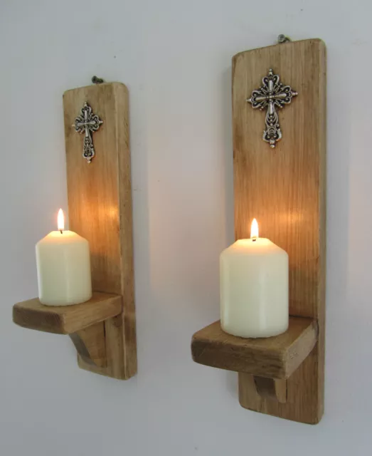 Pair  30Cm Reclaimed Pallet Wood Church Sconce Led Candle Holder Silver Cross