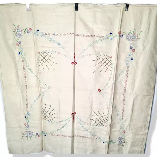 Vintage 1950s Linen Table Cloth Embroidered By Hand Floral Large Square