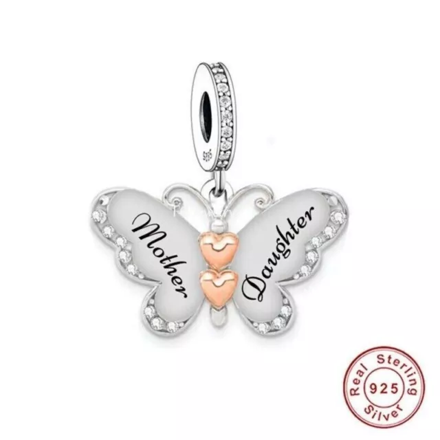 Mother & Daughter Butterfly Dangle Charm - 925 Sterling Silver