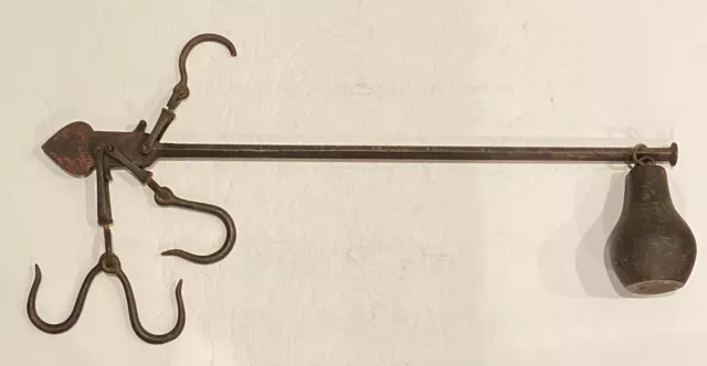 Cast Iron Hanging Balance Beam Scale w 3 Hooks Sliding Weight Cast Iron Antique