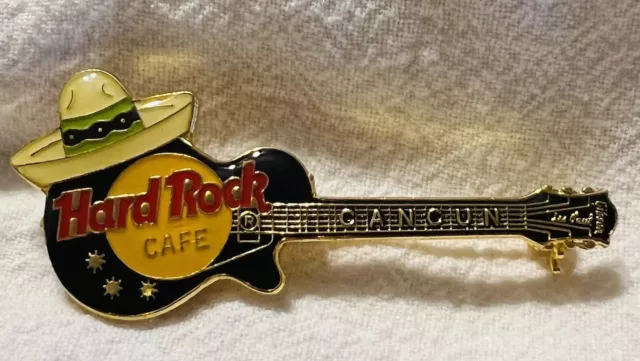 Hard Rock Cafe pin Cancun Black Les Paul Gibson Guitar w/Yellow Sombrero