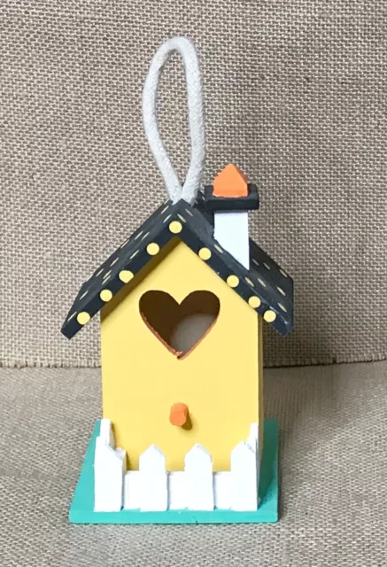 Handmade Whimsical Decorative Wood Birdhouse Ornament Yellow House Polka Dots